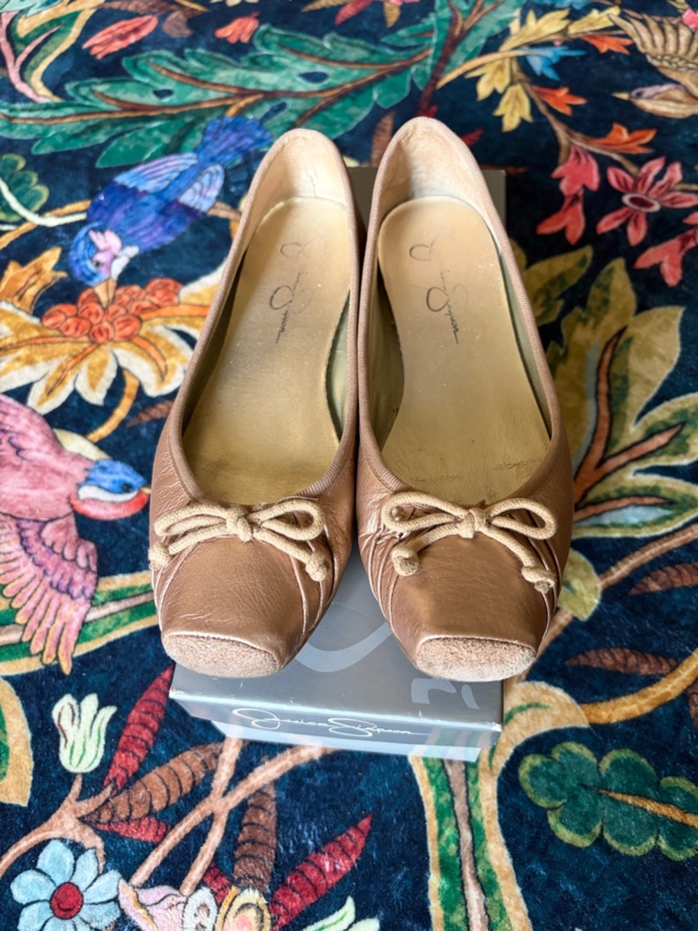 Jessica Simpson Tan Leather Ballet Flats with Bow Accent